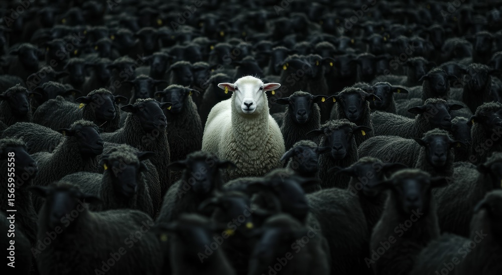 Obraz premium A 3d white sheep among black sheep represents inverted concept of leadership and individuality, rejecting societal norms and embracing rebellion in the crowd.
