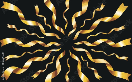 Golden ribbons burst outwards against a dark background celebration festive