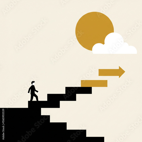A lone figure ascends a staircase towards a bright sun and hopeful future, symbolized by arrows.