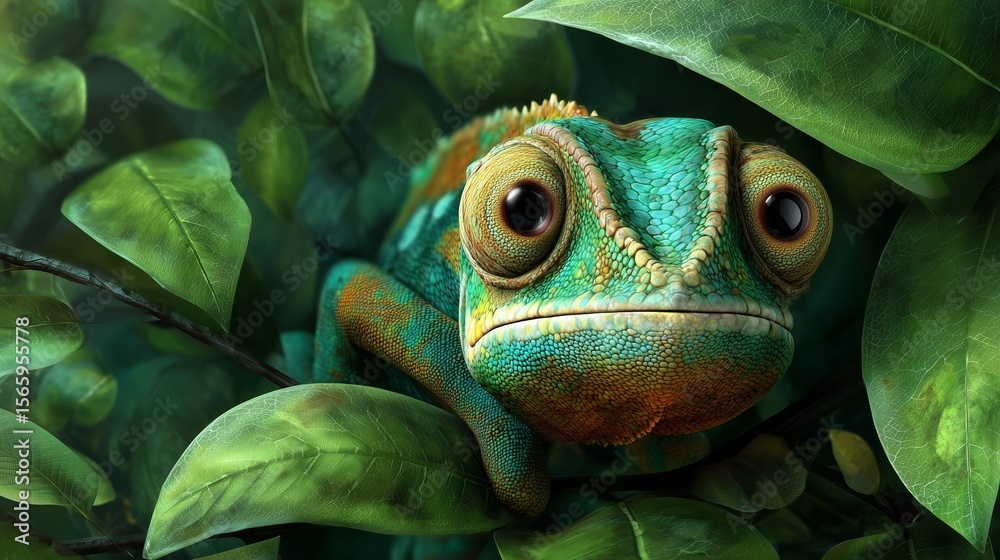 Fototapeta premium **A cartoon chameleon blending with green leaves, only its large eyes and curled tail visible among the jungle canopy