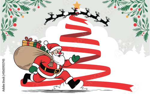 Jolly santa claus with gifts and reindeer pulling sleigh through festive ribbon tree vector