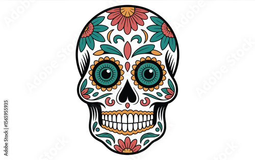 Vibrant sugar skull decorated with flowers and patterns floral
