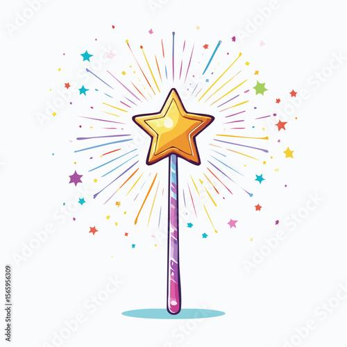 magic wand with star tip and radial stipple sparkle trail in whimsical vector style
