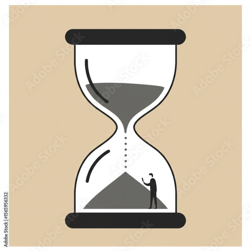 A tiny businessman examines the dwindling sand within a large hourglass, symbolizing time's passage and urgency.
