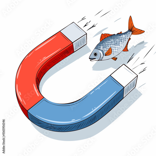 u-shaped horseshoe magnet catching fish silhouette with etched pattern details in vector