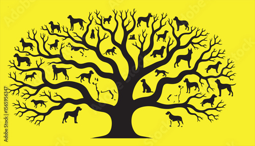 A black vector illustration of a tree silhouette with roots and leaves, perfect for nature-inspired designs depicting spring or autumn flora