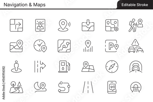 A set of editable line icons related to Navigation & Maps. This vector file contains fully editable stroke lines for easy customization