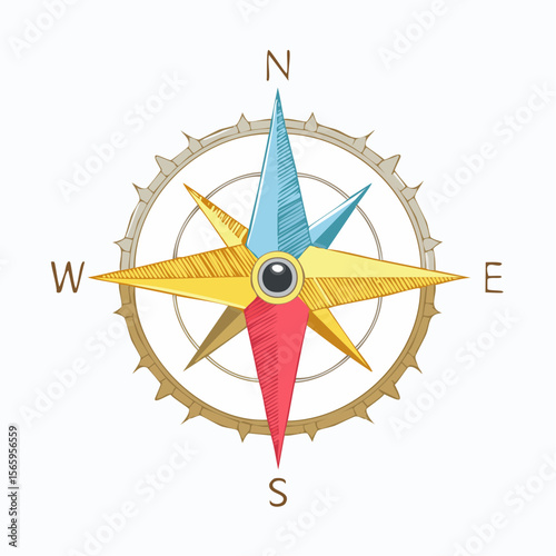 minimalist compass rose with four principal points, precise 45-degree rotations, alternating color fills