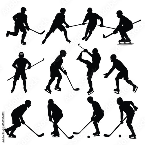 Ice Hockey Players Silhouettes Action Poses and Stick Handling Illustrations