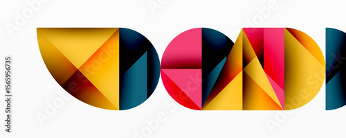 Abstract geometric shapes form colorful word OPEN. Vivid hues blend, creating dynamic visual impact. Modern design, clean lines.