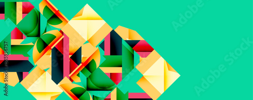 Abstract geometric shapes overlap, creating dynamic composition. Colors include yellow, green, red, black, turquoise. Modern design.