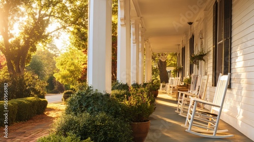 Southern-style home with wrap-around porch, white columns, and rocking chairs, bathed in golden light amid lush greenery. Classic elegance meets se

