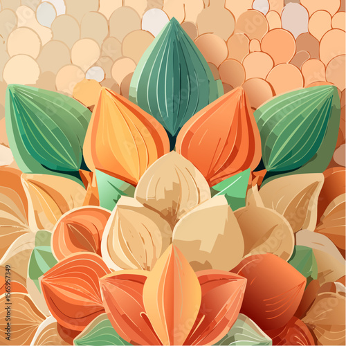 layered paper-cut collage flora with stacked flat botanical shapes