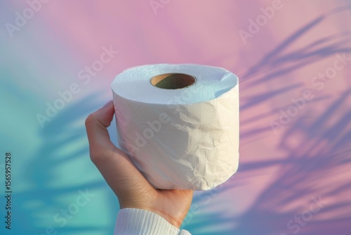 Ultra Quality Picture of High Angle of Hand Holding Toilet Paper Roll