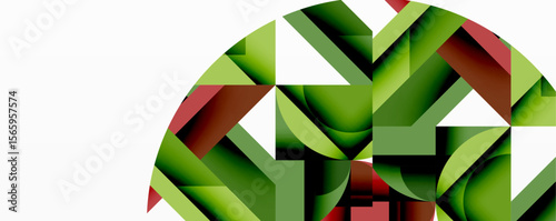 Abstract geometric shapes form partial circle. Green, maroon hues dominate composition. Minimalist design, clean lines present modern aesthetic.