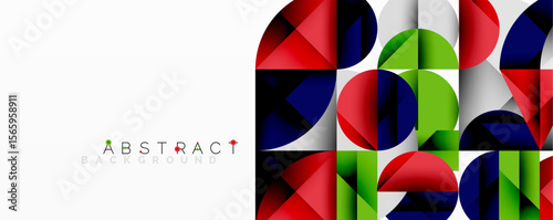 Geometric shapes overlap, creating vibrant colorful pattern. Modern design with red, green, blue elements. Minimalist aesthetic.