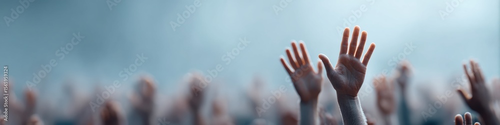 Fototapeta premium Energetic Crowd Silhouettes with Raised Hands at Election Night Event Premium Modern Social Unity Content for Marketing and Advertising Campaigns