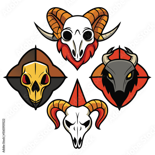 Four Distinct Skull Emblems Showcasing Mythological Creatures	