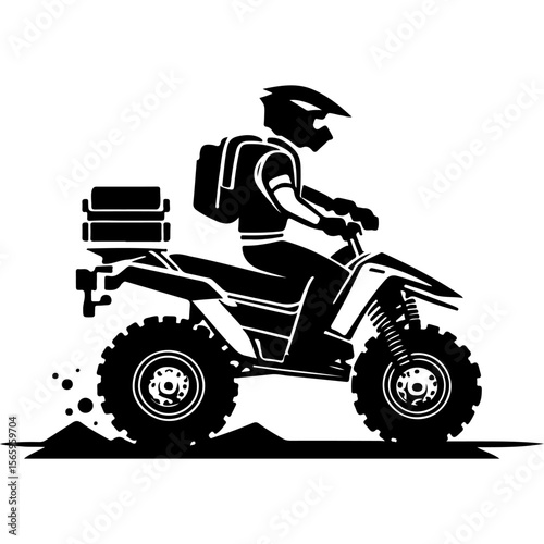 Sketchy sport emblem of Tourist traveler rides off-road on a quad bike. Engraving minimalistic vector in black ink drawing on transparent background