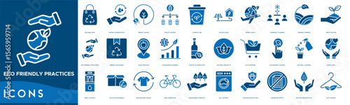 Eco-Friendly Practices icon set. Reusable Bag, Water Conservation, Energy Saving, Waste Sorting, Compost Bin, Solar Usage and Green Travel