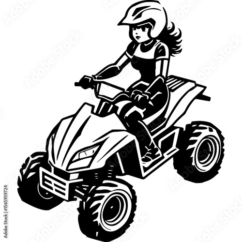 Sketchy sport emblem of Sportswoman racing on quad bike aerial view from above at an angle. Engraving minimalistic vector in black ink drawing on transparent background