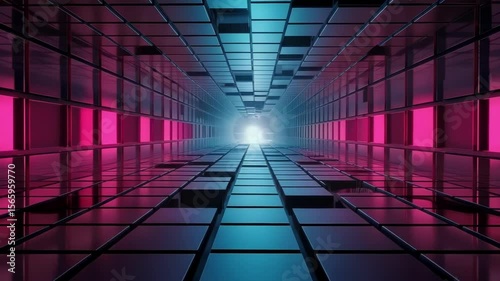 A tunnel of blue and pink squares leads to a bright light