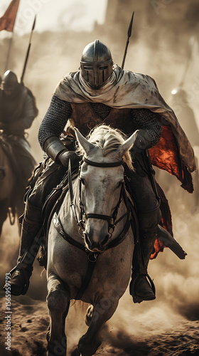 A medieval knight, clad in chainmail and a long cloak, rides a white horse at full gallop amidst a dusty battlefield.
