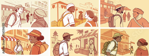 People interacting at markets and streets in warm, colorful scenes, journey  