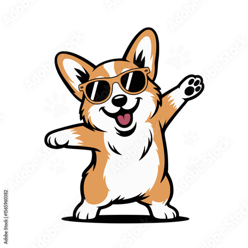 Cute cartoon corgi dog dabbing with sunglasses, Adorable vector illustration of a smiling corgi wearing sunglasses and performing a dab dance move, perfect for fun design projects.

