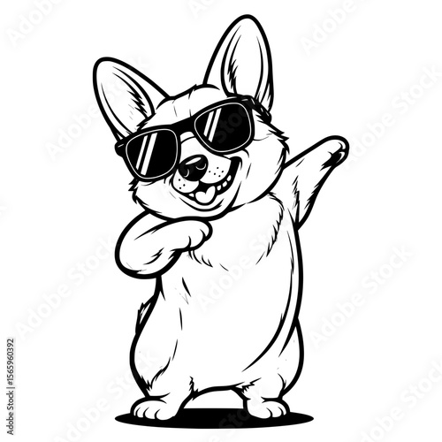 Cute cartoon corgi dog dabbing with sunglasses, Adorable vector illustration of a smiling corgi wearing sunglasses and performing a dab dance move, perfect for fun design projects.

