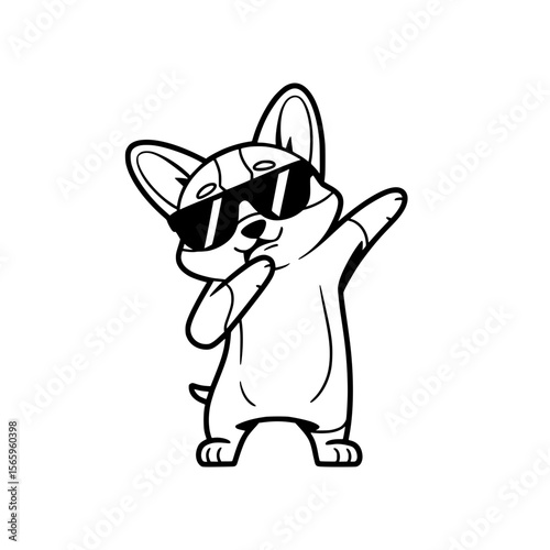 Cute cartoon corgi dog dabbing with sunglasses, Adorable vector illustration of a smiling corgi wearing sunglasses and performing a dab dance move, perfect for fun design projects.

