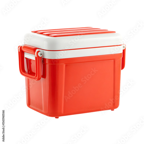 Bright red and white cooler box, perfect for picnics or camping trips, featuring a sturdy design and convenient carrying handles against a plain transparent background.