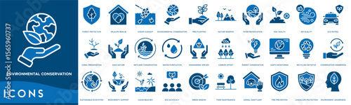 Environmental Conservation icon set. Forest Protection, Wildlife Rescue, Ocean Cleanup, Environmental Conservation, Tree Planting and Nature Reserve