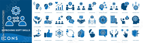 Improving Soft Skills icon set. Active Listening, Clear Communication, Empathy Growth, Conflict Resolution, Team Collaboration, Positive Attitude, Emotional Intelligence and Interpersonal Skills