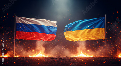 Russian and Ukrainian Flags Waving Apart with Sparks and Smoke — Symbol of War, Division, and Tension