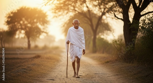 Ai generated image of mahatma gandhi walks peacefully down a rural path at sunset