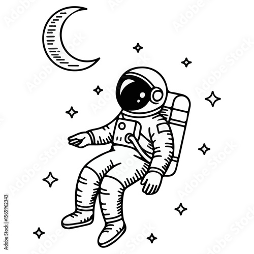 Astronaut floating in space surrounded by stars coloring book line art design on white background.