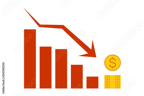 Vector illustration of a downward business chart with arrow and falling coins, representing financial loss, market decline, or economic crisis.