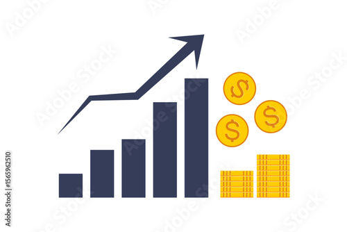 Vector illustration of a business growth chart with upward arrow and stacked coins, symbolizing financial success and economic progress.