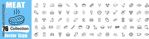 Collection of 76 meat and food icons for various culinary themes