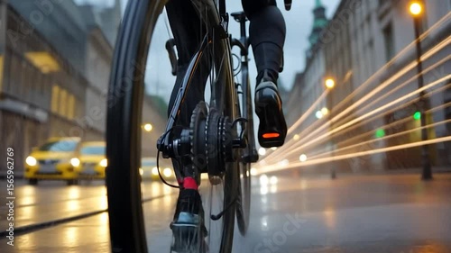 Eye-level view of a bicycle on a city street featuring blurred car lights in the backdrop. The bicycle frame and wheels are visible with person legs. Street lighting and architecture provide a