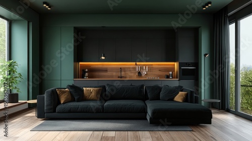 Elegant, modern kitchen and living room combination with dark, moody green and black palette