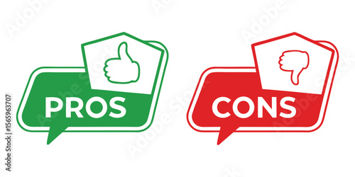 Pros and Cons vector icons with thumbs up and thumbs down symbols. Comparison speech bubbles for reviews, infographics, or presentations isolated on a transparent background.