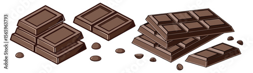 Milk chocolate bar pieces and chunks. Sweet dessert ingredient for packaging or recipe illustrations. Realistic vector set isolated on a white background.