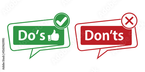 Do's and Don'ts vector icons. Green checkmark and red cross symbols for rules, guidelines, or advice presentations isolated on a transparent background.