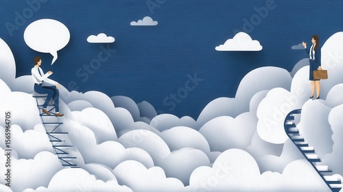 Business people climbing cloud ladders