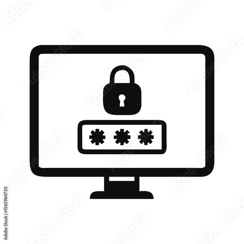 Secure cloud technology displays an internet security on a computer monitor minimalist flat design illustration of a computer password icon silhouette vector illustration line art on white background