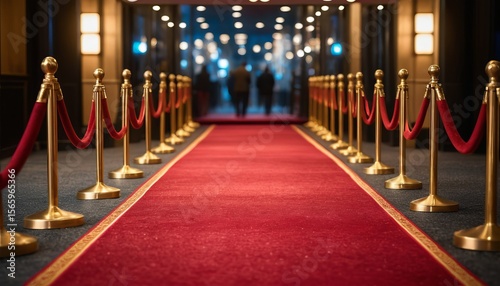 A red carpet with golden stanchions guides silhouettes at a distant, brightly lit entryway event.