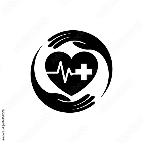 Medical Heart Care Logo with Hands, Health Protection and First Aid Concept Icon

