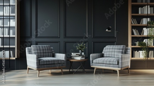Dark room, two armchairs, bookshelves